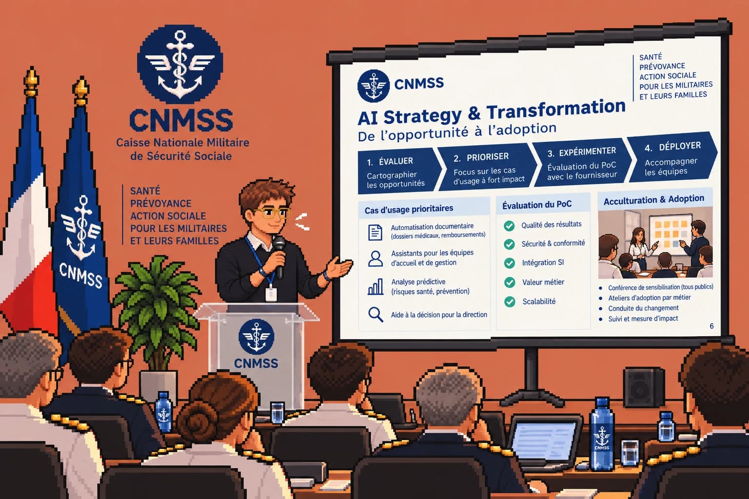 Pixel-art Jonathan speaking into a mic at a lectern before a military audience, beside a slide on AI strategy and transformation: assess, prioritise, experiment, deploy.