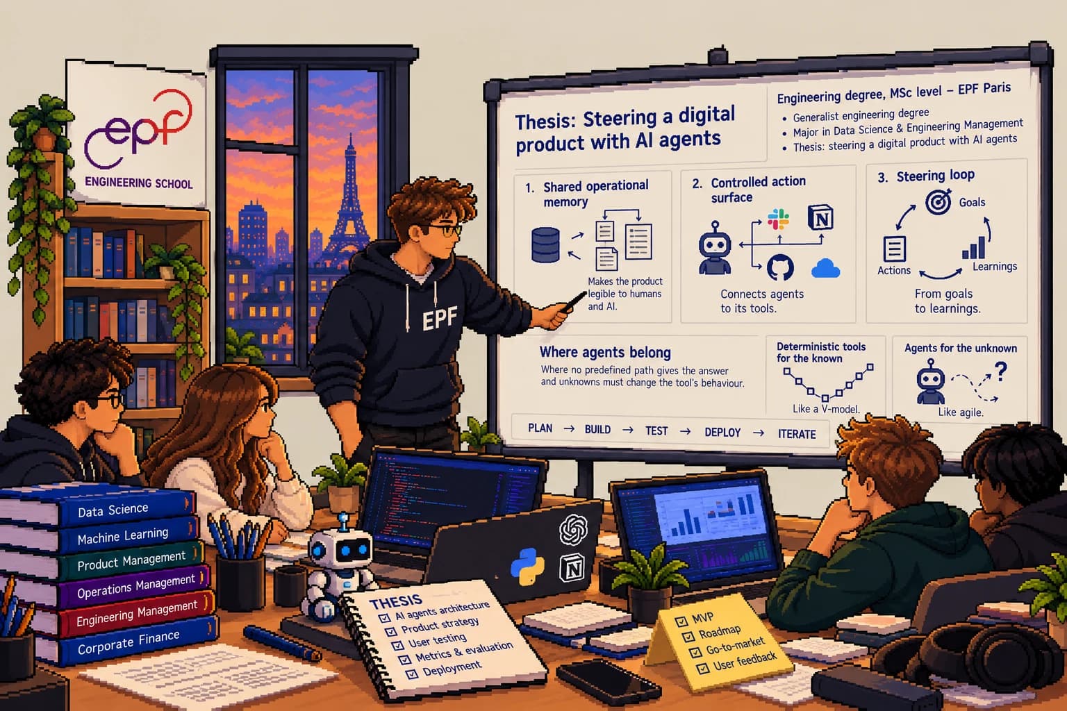 Pixel-art Jonathan in an EPF hoodie presenting his thesis on steering a digital product with AI agents to classmates, pointing at a whiteboard of diagrams, with the Eiffel Tower at sunset through the window.