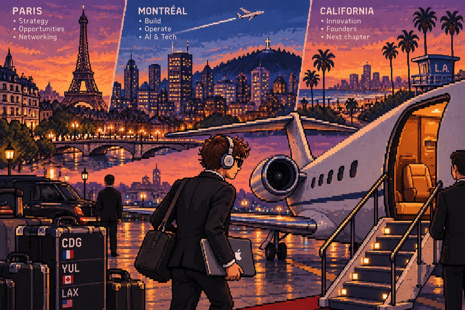 Pixel-art Jonathan in a suit and headphones, laptop under his arm, walking to a plane at dusk, with luggage tagged CDG, YUL and LAX and the skylines of Paris, Montréal and California behind him.
