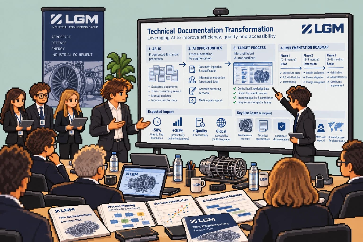 Pixel-art Jonathan and his team presenting an AI roadmap for LGM’s technical documentation in a meeting room, from the current process to a phased implementation plan.