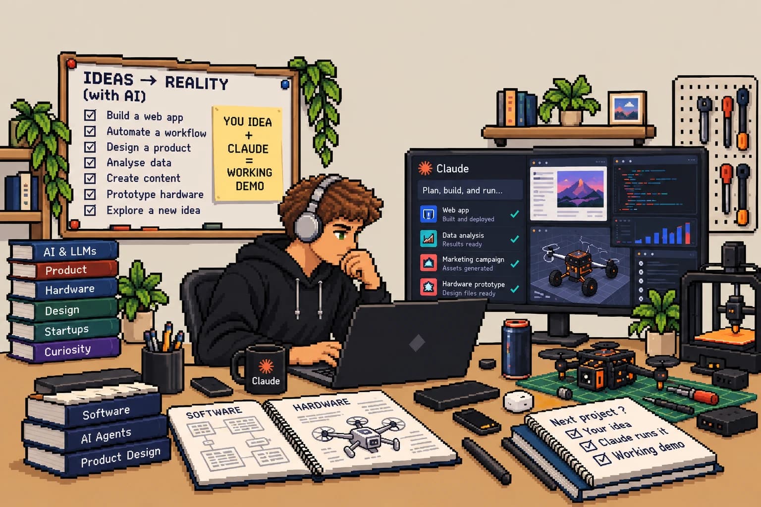 Pixel-art Jonathan in headphones at his desk, working on a laptop beside a screen of Claude running a web app, a data analysis, a marketing campaign and a hardware prototype, with a small drone and a 3D printer nearby.