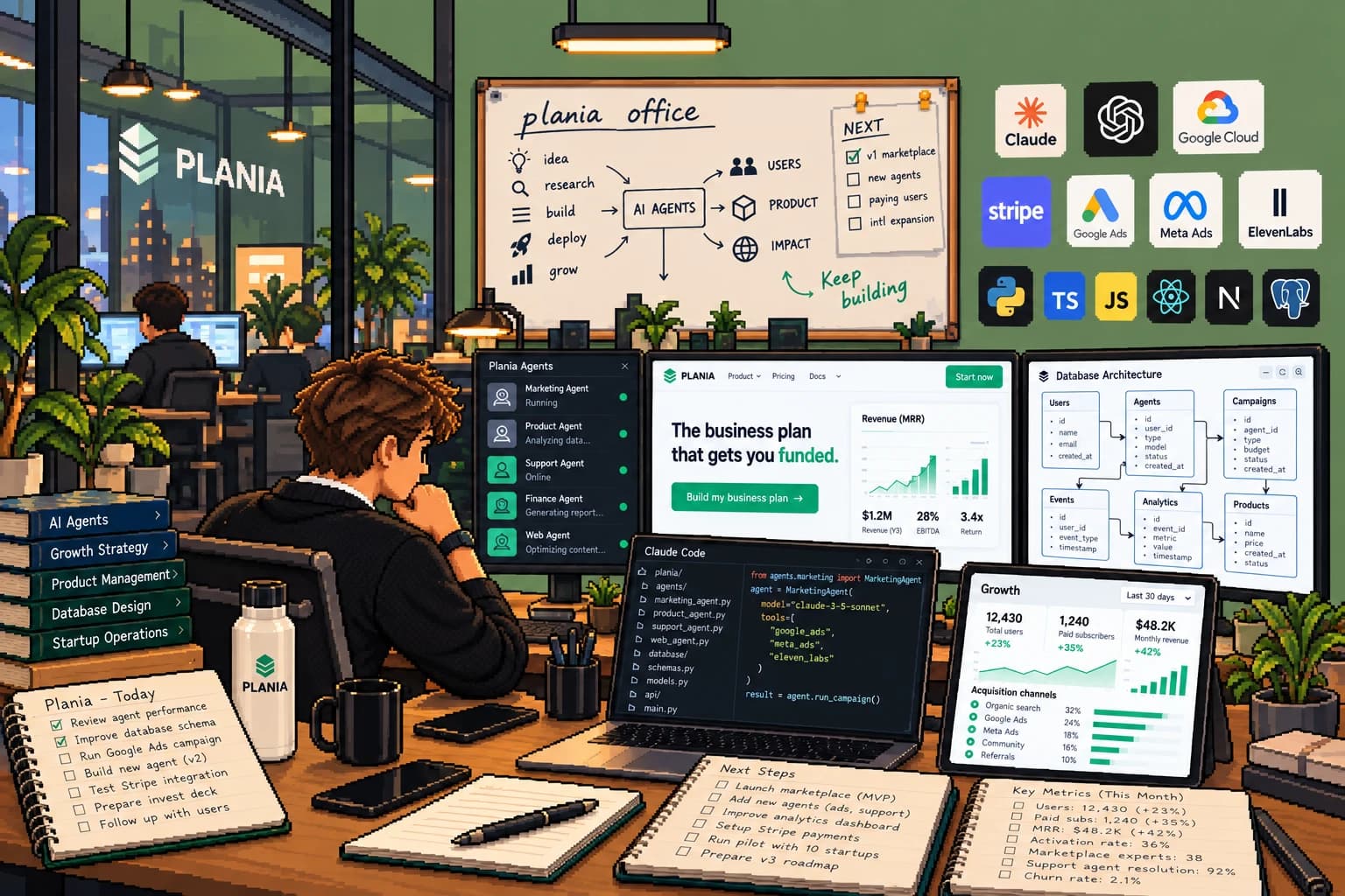 Pixel-art Jonathan at his desk in the Plania office, facing screens of running AI agents, the product site, Claude Code and a database diagram, under a whiteboard sketch of the AI-agent-first system.