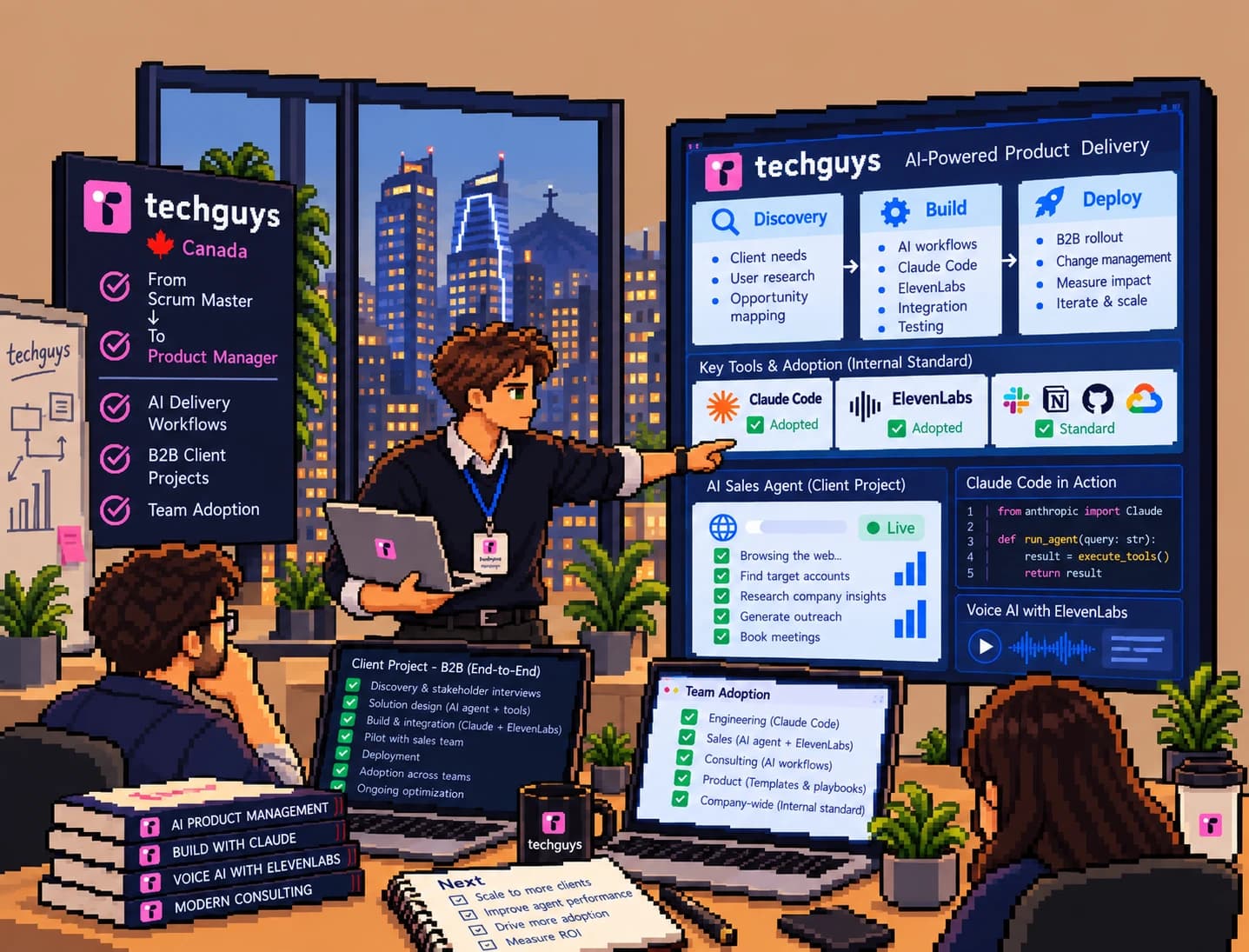 Pixel-art Jonathan holding a laptop and pointing at a screen on AI-powered product delivery and the team’s adoption of Claude Code and ElevenLabs, in an office overlooking a city at night.