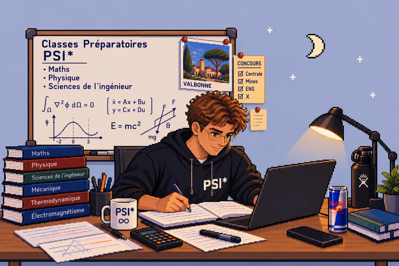 Pixel-art Jonathan in a PSI* hoodie writing in a notebook at a desk with a stack of textbooks, a PSI* mug, a calculator and a laptop under a desk lamp, in front of a whiteboard of formulas with a postcard of Valbonne, beside a crescent moon.