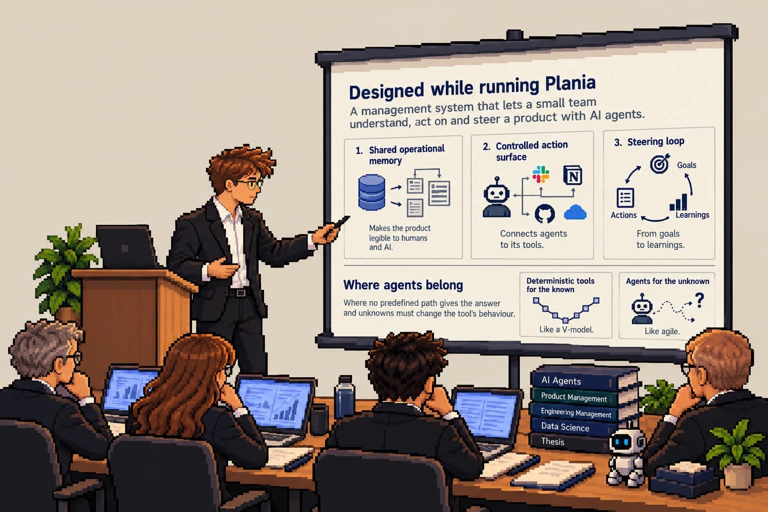 Pixel-art Jonathan in a suit presenting his thesis to a jury, pointing at a slide on the shared operational memory, the controlled action surface, the steering loop and where agents belong.