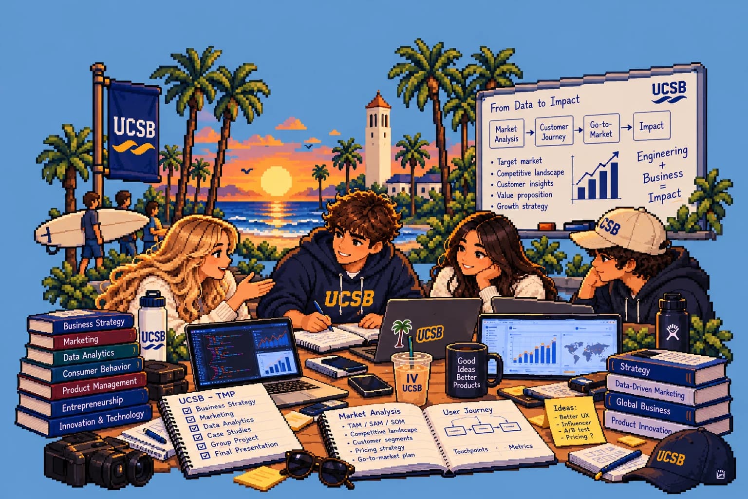 Pixel-art Jonathan in a UCSB hoodie working with classmates around a table of laptops, notebooks and business books, in front of a whiteboard reading “From Data to Impact”, with palm trees, the campus tower and a sunset over the ocean behind them.